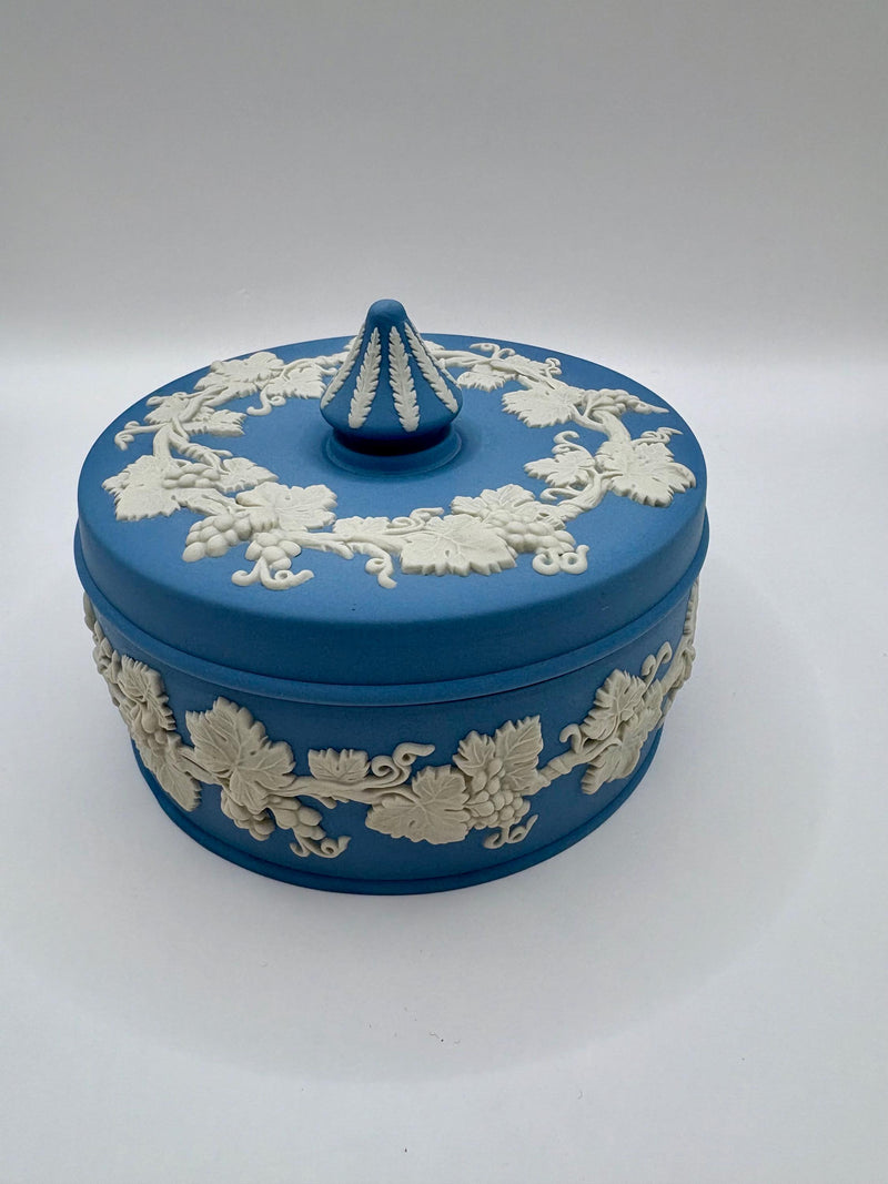 Vintage Wedgwood Blue Jasperware Round Trinket Box, and Blue Ceramic Vase