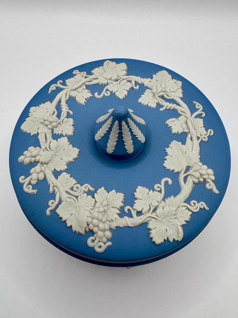 Vintage Wedgwood Blue Jasperware Round Trinket Box, and Blue Ceramic Vase