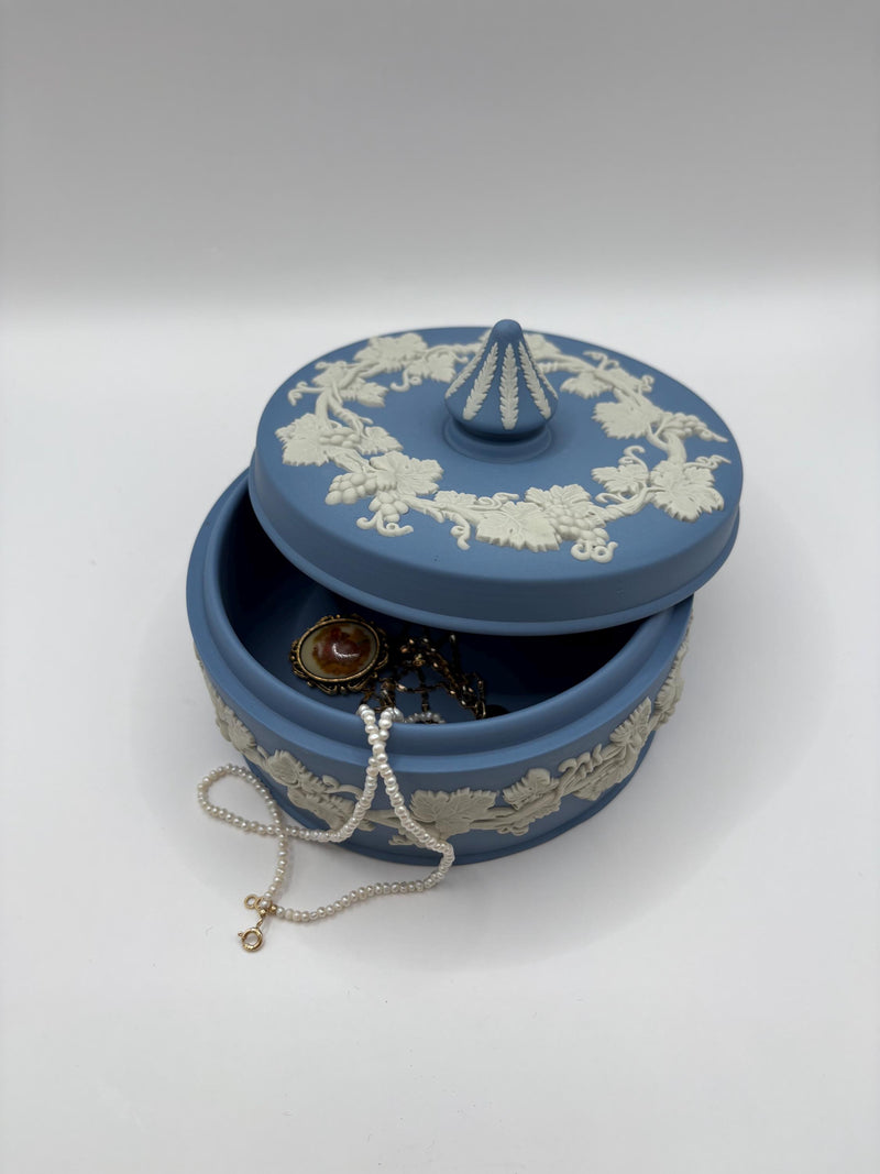 Vintage Wedgwood Blue Jasperware Round Trinket Box, and Blue Ceramic Vase