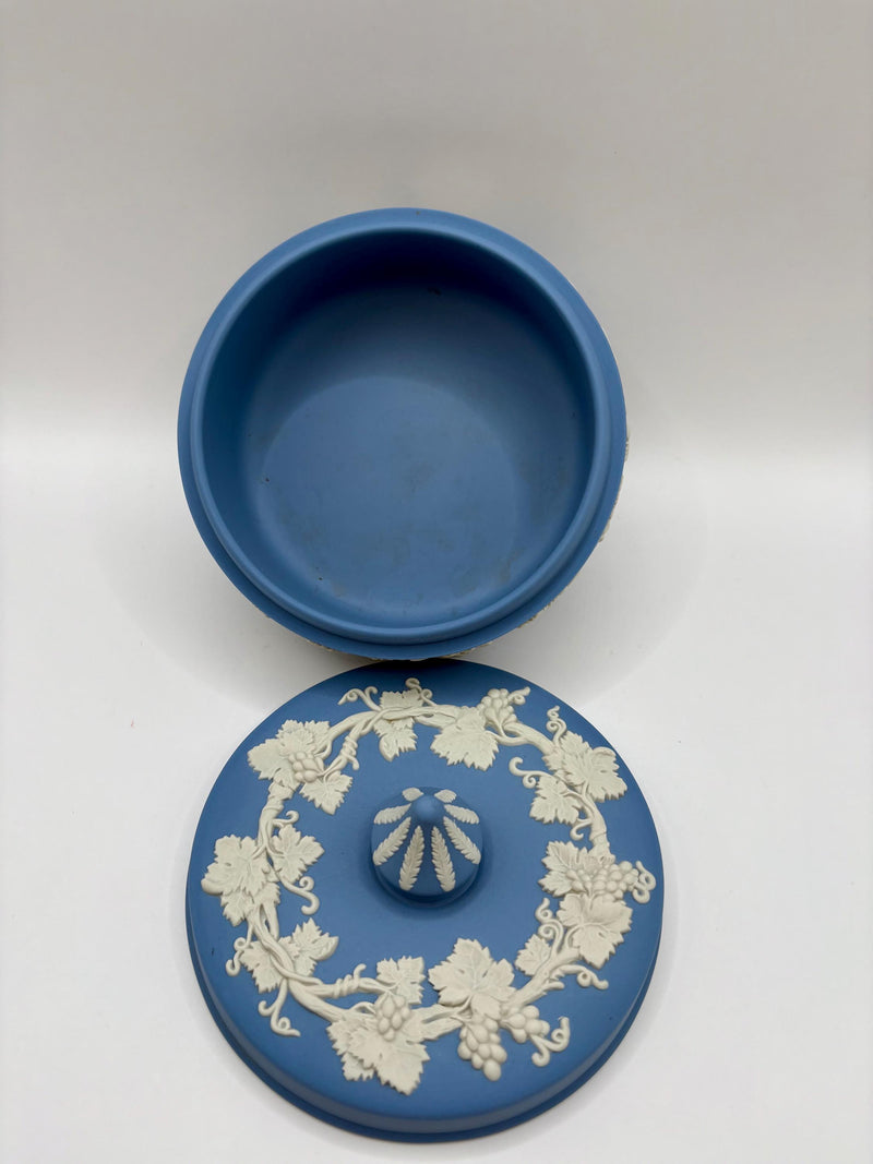 Vintage Wedgwood Blue Jasperware Round Trinket Box, and Blue Ceramic Vase
