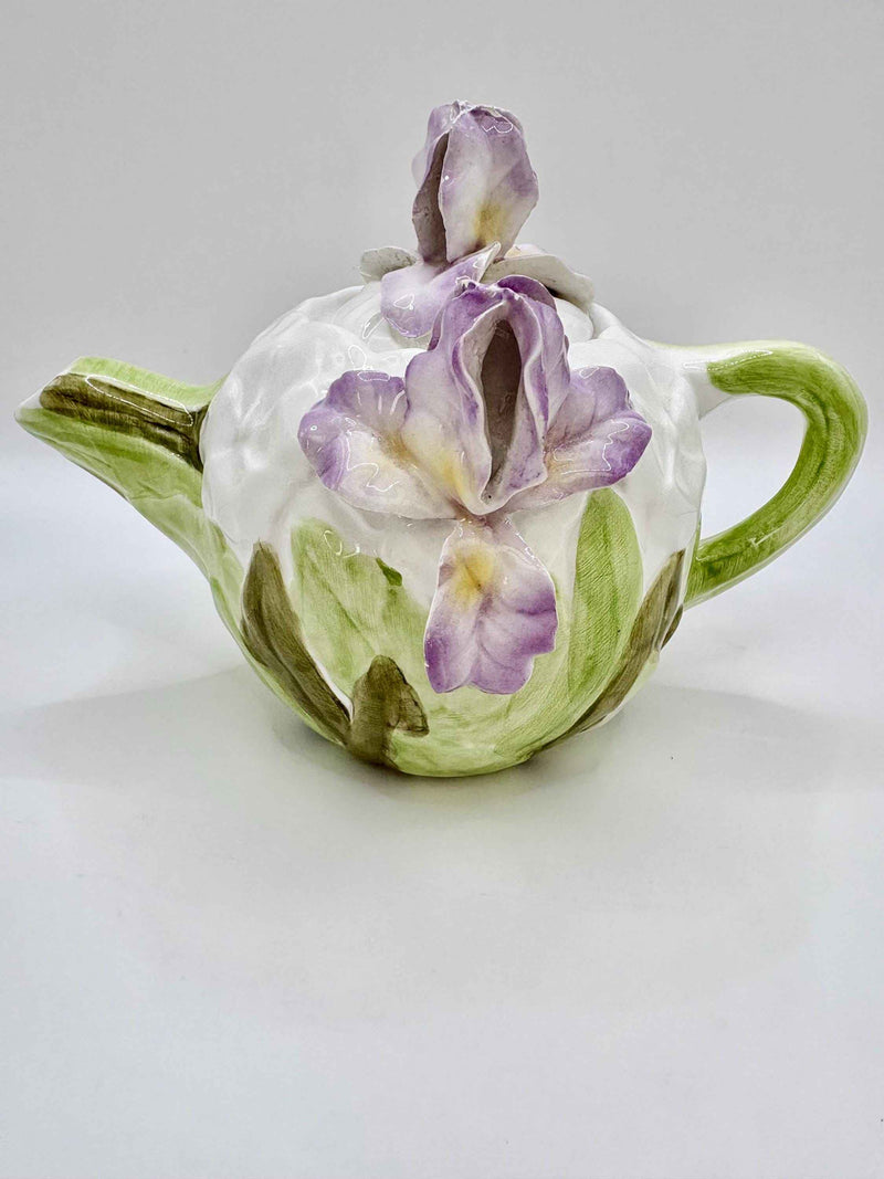 Vintage Ceramic Teapot With Sculpted Iris Flowers