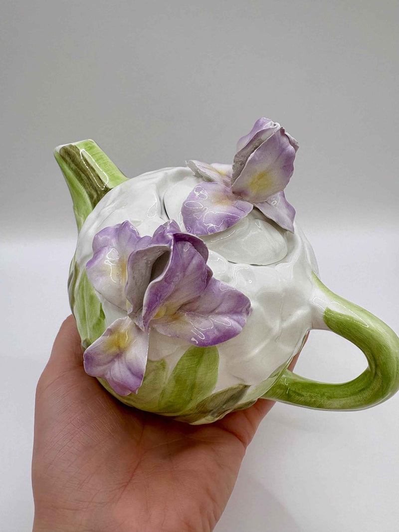 Vintage Ceramic Teapot With Sculpted Iris Flowers