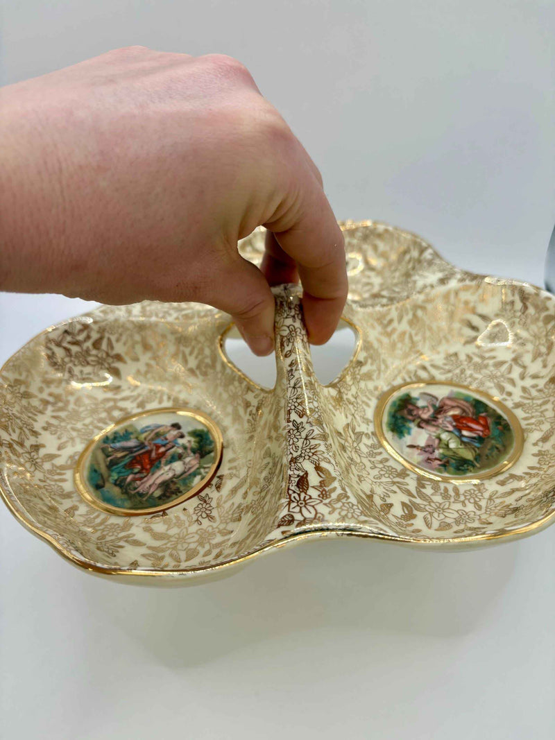 Vintage Gilded Ceramic Tray with Three Pictured Scenes | Empire England