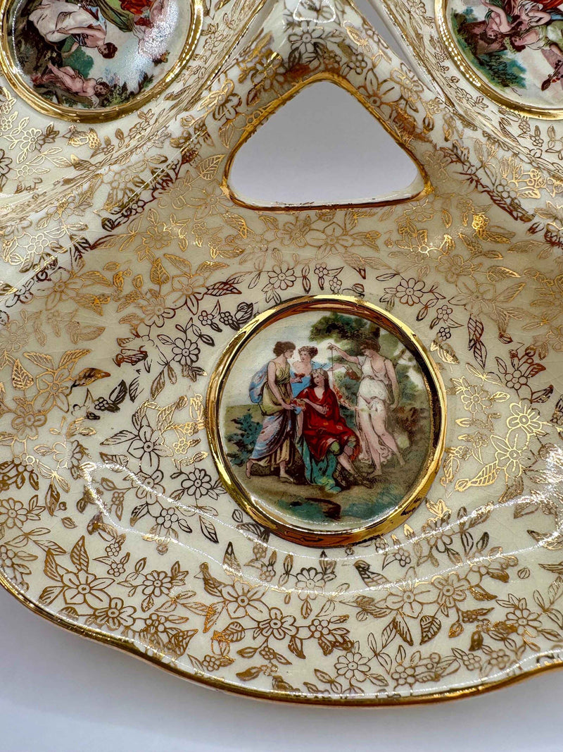 Vintage Gilded Ceramic Tray with Three Pictured Scenes | Empire England
