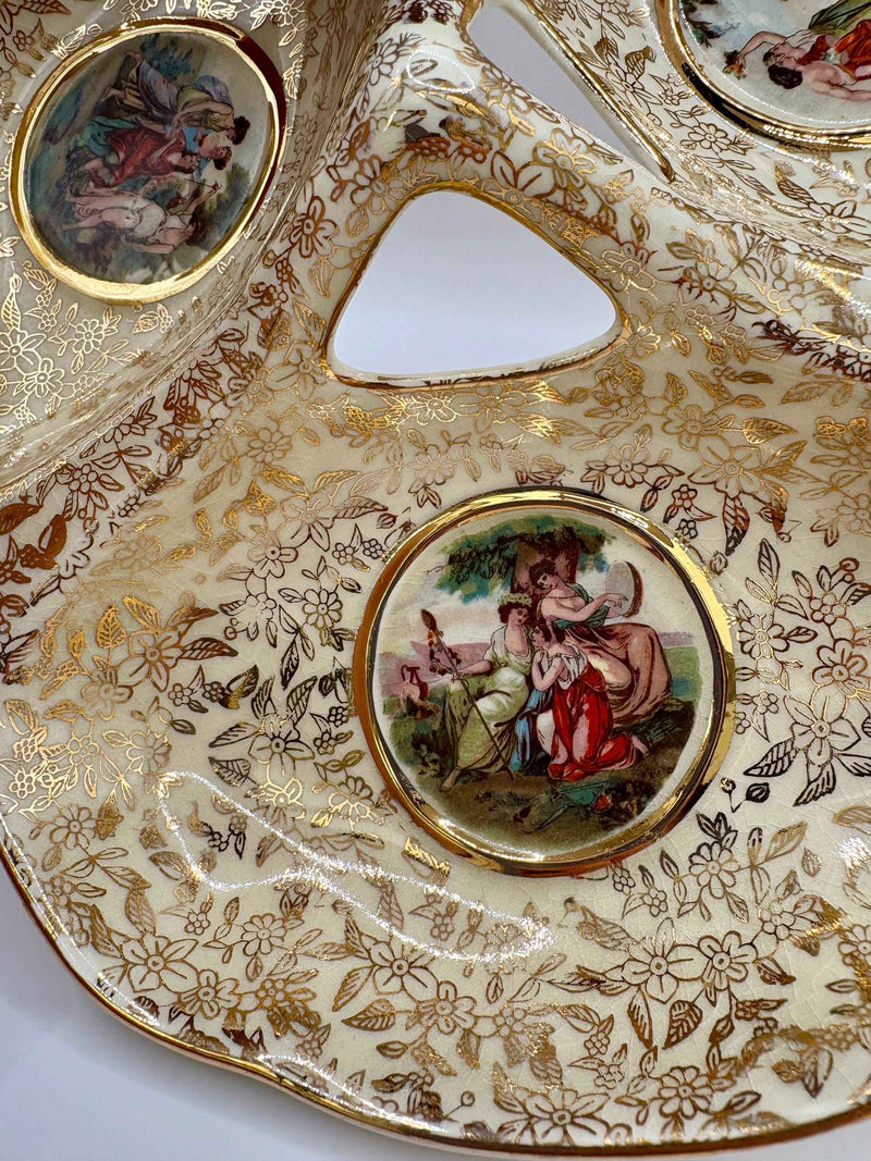 Vintage Gilded Ceramic Tray with Three Pictured Scenes | Empire England