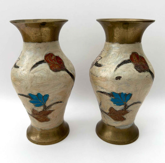 Vintage Brass Dragonfly Enamel Hand Painted Flower Vases