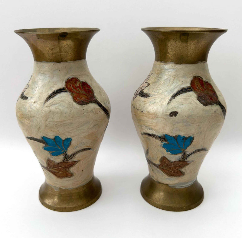 Vintage Brass Dragonfly Enamel Hand Painted Flower Vases