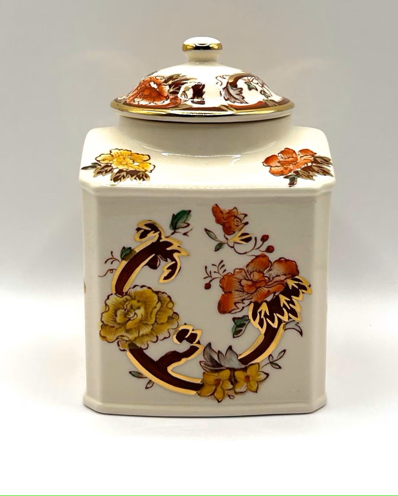 Vintage Mason's Brown Velvet Ginger Jar with Gilt Accents and Lid