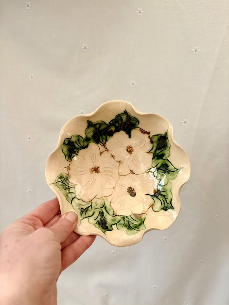Hand holding a decorative ceramic plate with floral design on a light gray background