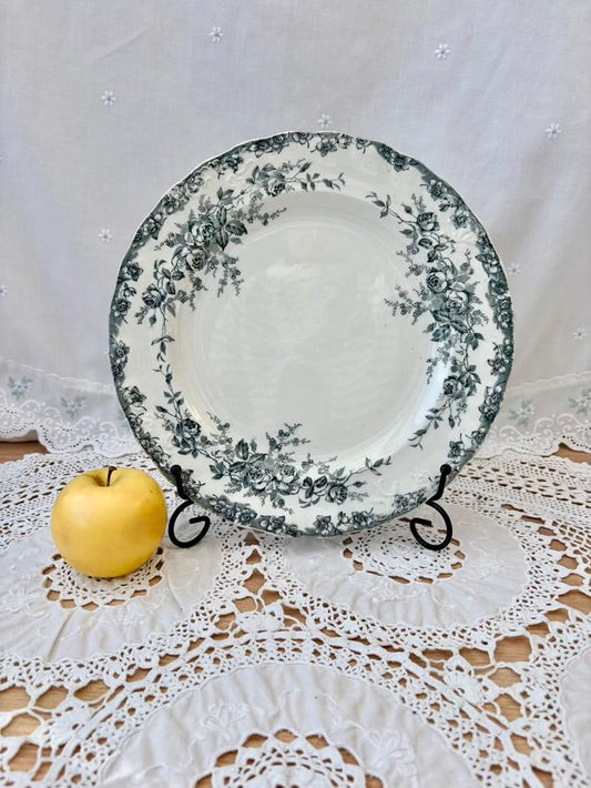 Decorative plate with floral pattern on a lace tablecloth with an apple beside it