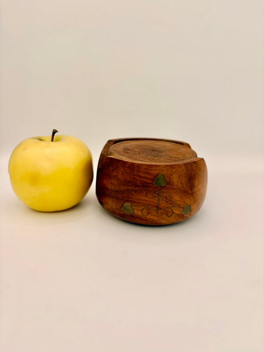 Vintage Hand Carved Wooden Coasters Set of Six Brass Inlay Floral India