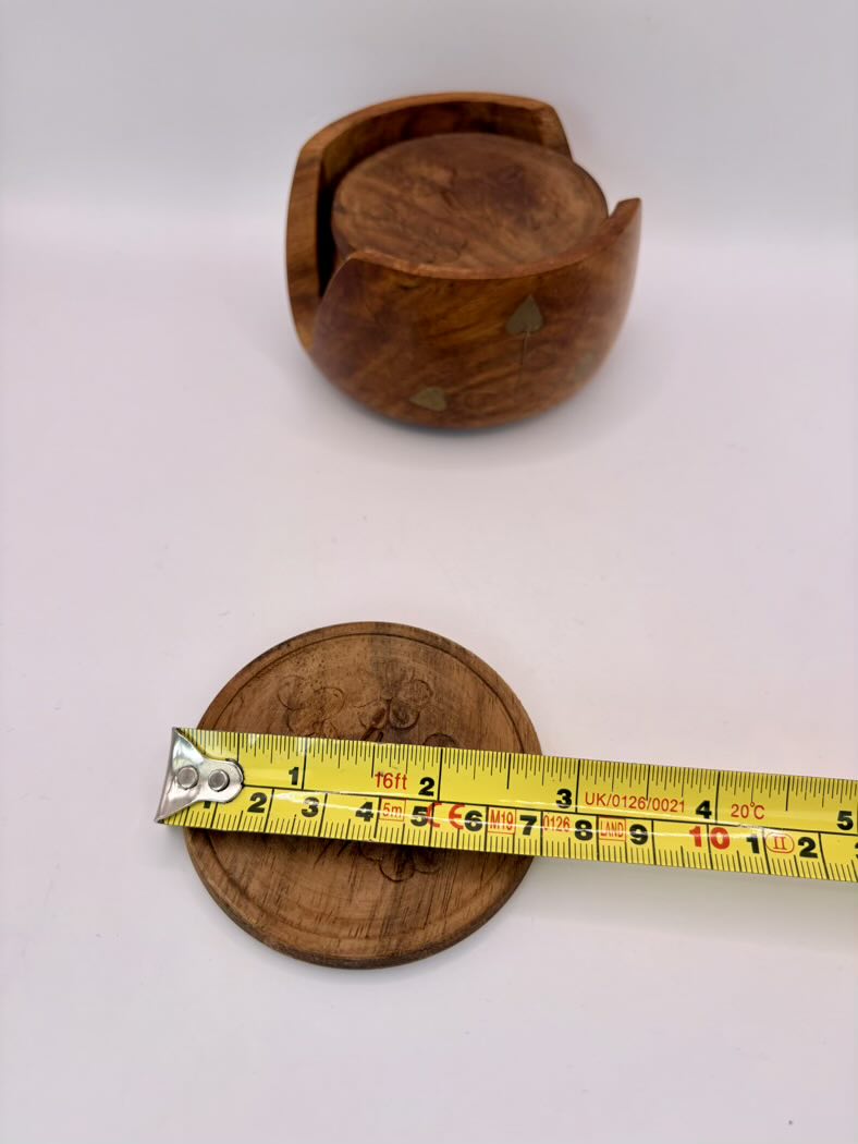Vintage Hand Carved Wooden Coasters Set of Six Brass Inlay Floral India