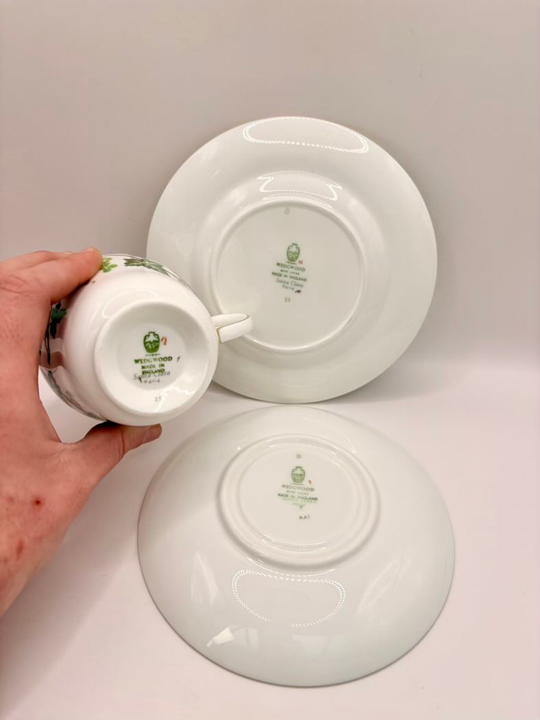 White ceramic plates with green logos on a gray background