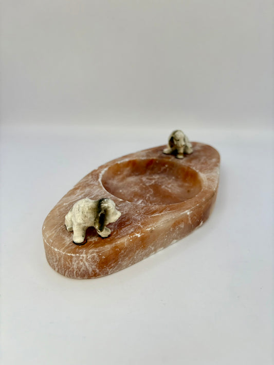 Vintage marble and onyx trinket dish with two dog figurines from the 1930s