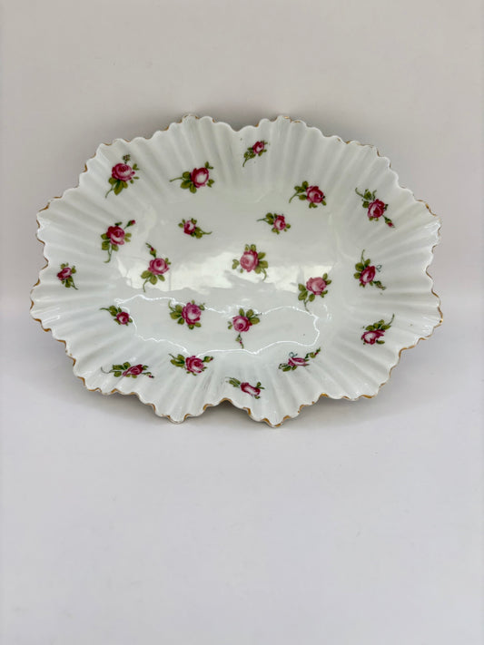 Vintage floral porcelain trinket dish with gold trim and elegant detailing