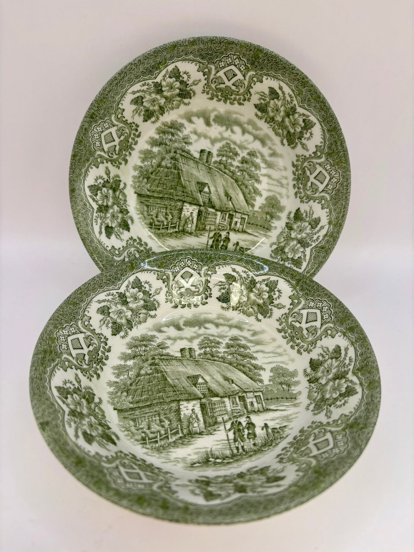 Set of two vintage English Ironstone Old Inns Series plates with hand engraved designs