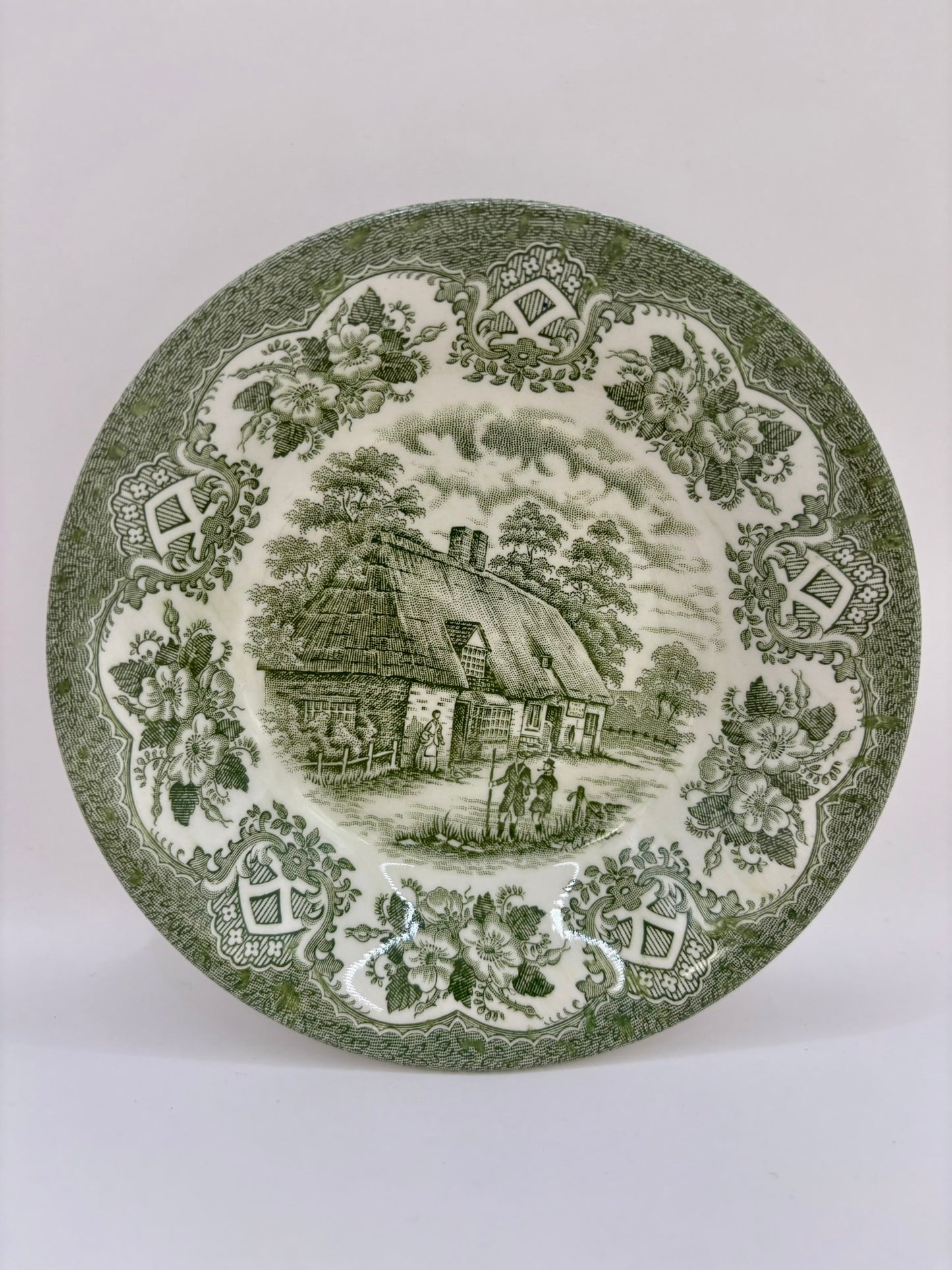 Set of two vintage English Ironstone Old Inns Series plates with hand engraved designs