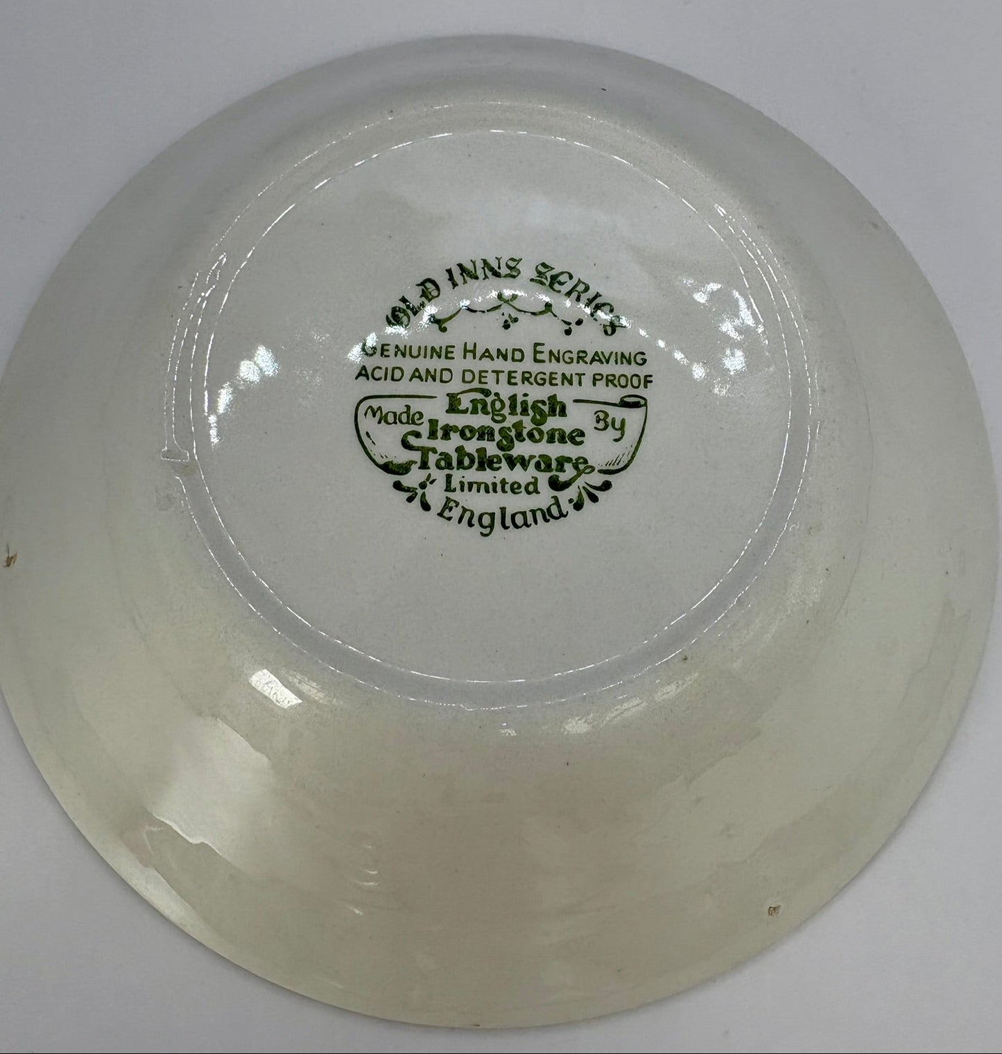Set of two vintage English Ironstone Old Inns Series plates with hand engraved designs