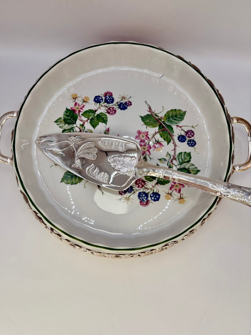 Vintage H. Samuel ceramic flan dish with ornate silver-plated holder and serving spatula