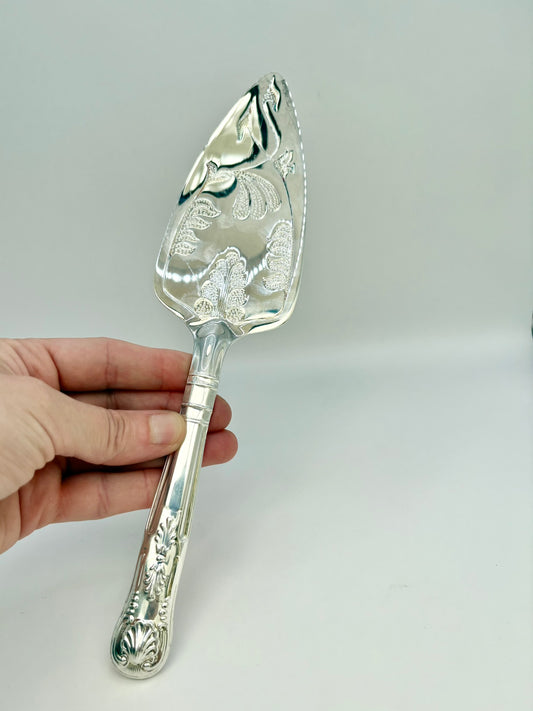 Vintage H. Samuel ceramic flan dish with ornate silver-plated holder and serving spatula