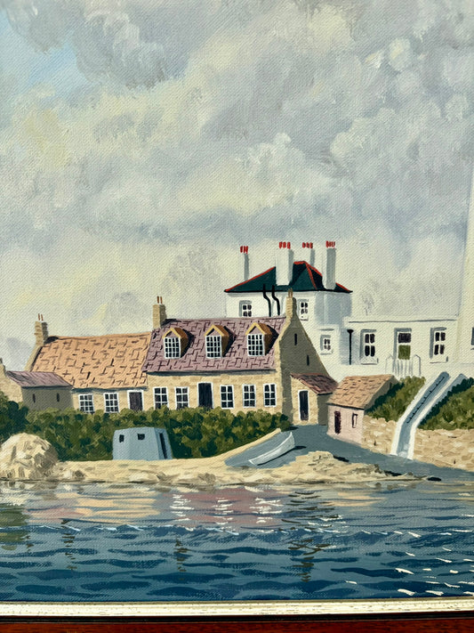 Original oil painting of St. Mary's Lighthouse by John J Kerr, depicting Whitley Bay's coastal scenery.