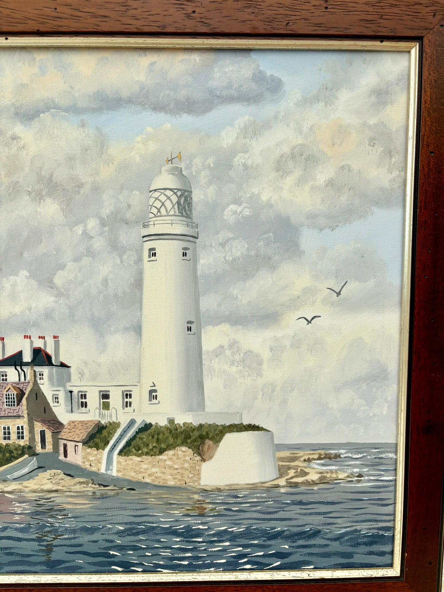 Original oil painting of St. Mary's Lighthouse by John J Kerr, depicting Whitley Bay's coastal scenery.