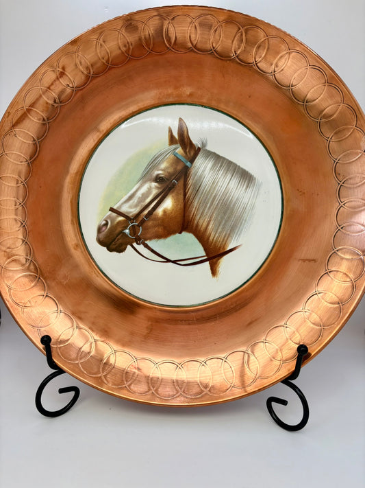 Vintage copper wall plate featuring ceramic horse head, made in England