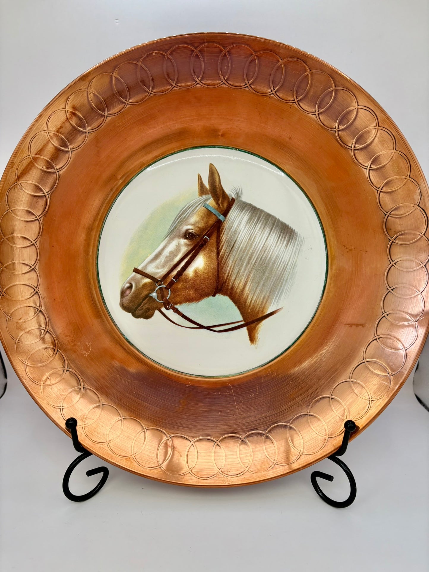 Vintage copper wall plate featuring ceramic horse head, made in England