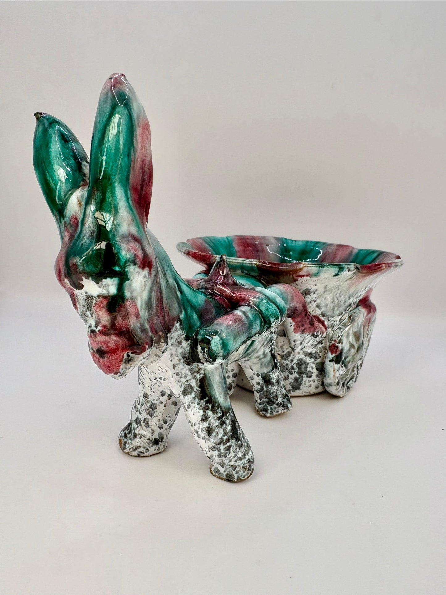 Vintage Italian majolica donkey cart planter with colorful glazes