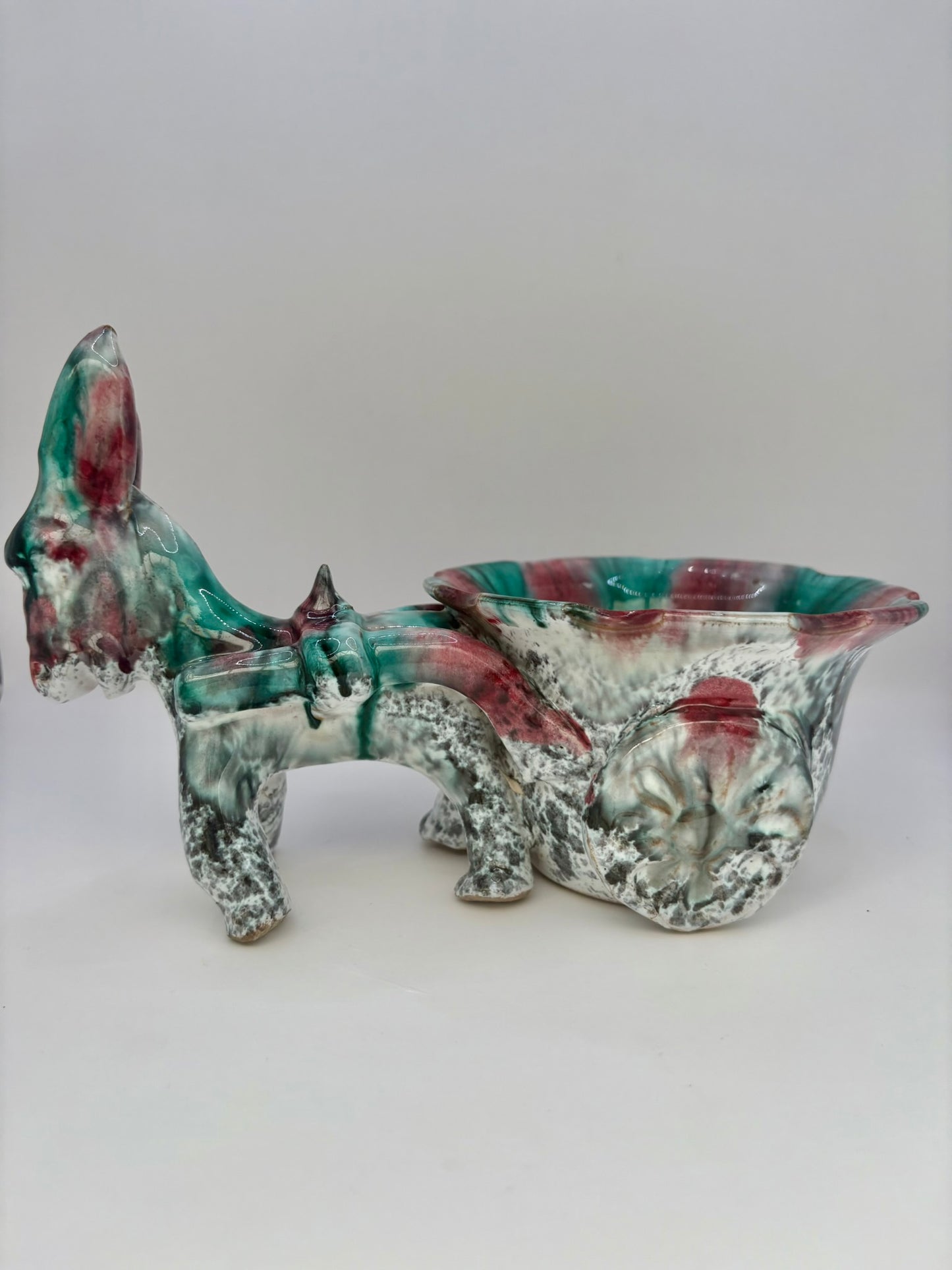 Vintage Italian majolica donkey cart planter with colorful glazes