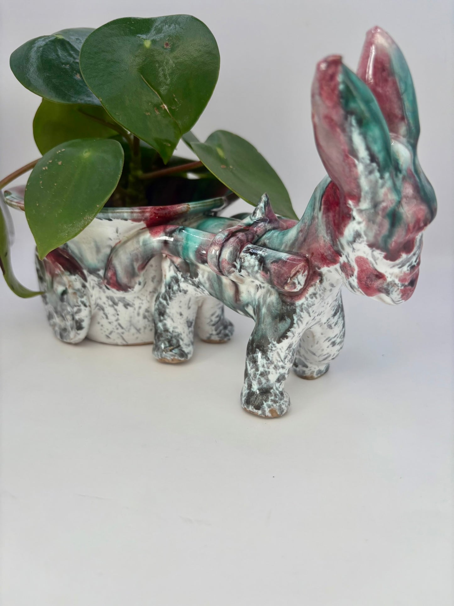 Vintage Italian majolica donkey cart planter with colorful glazes