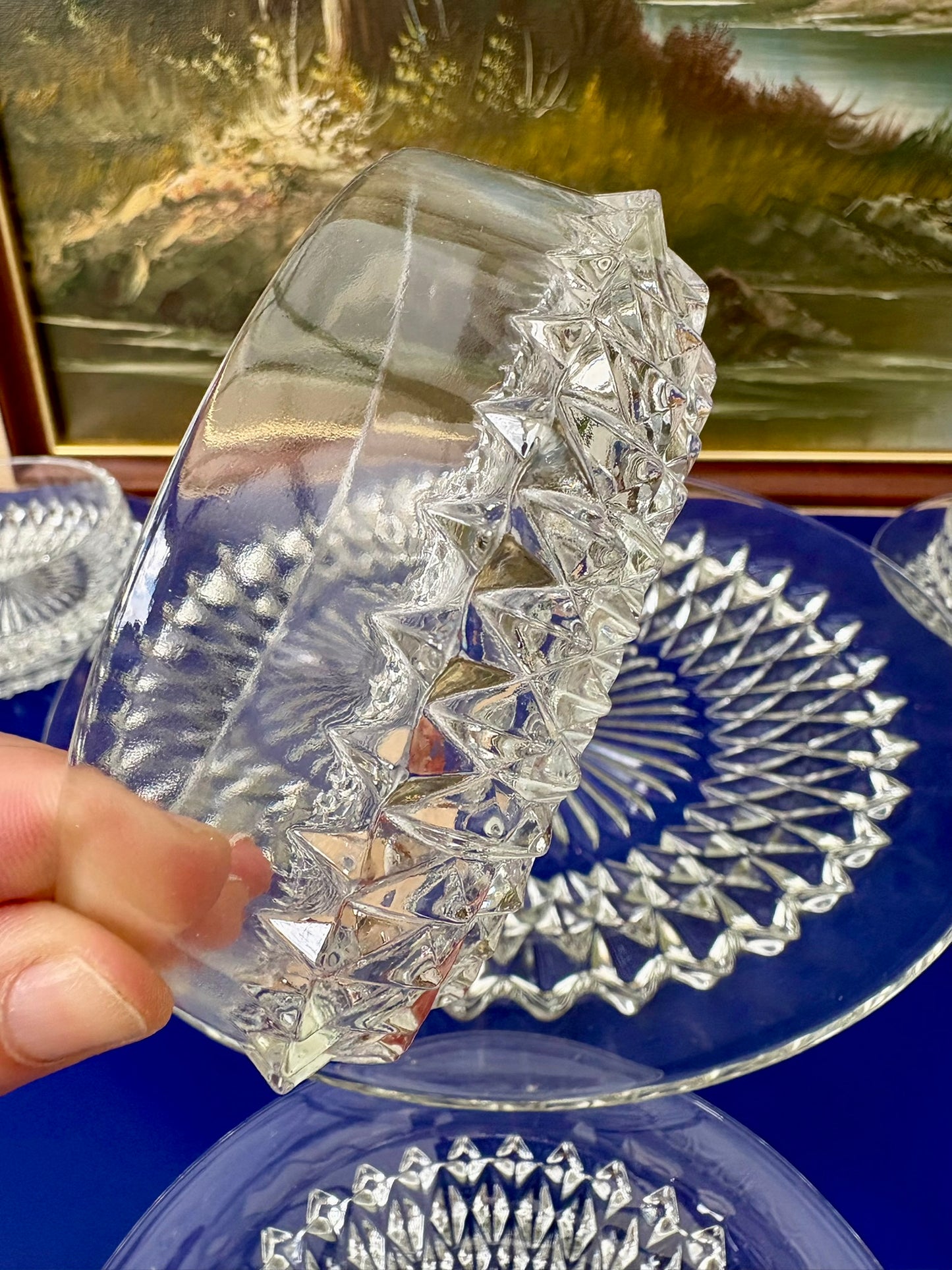 Vintage Clear Glass Dessert Set with Diamond Pattern, 9 Pieces