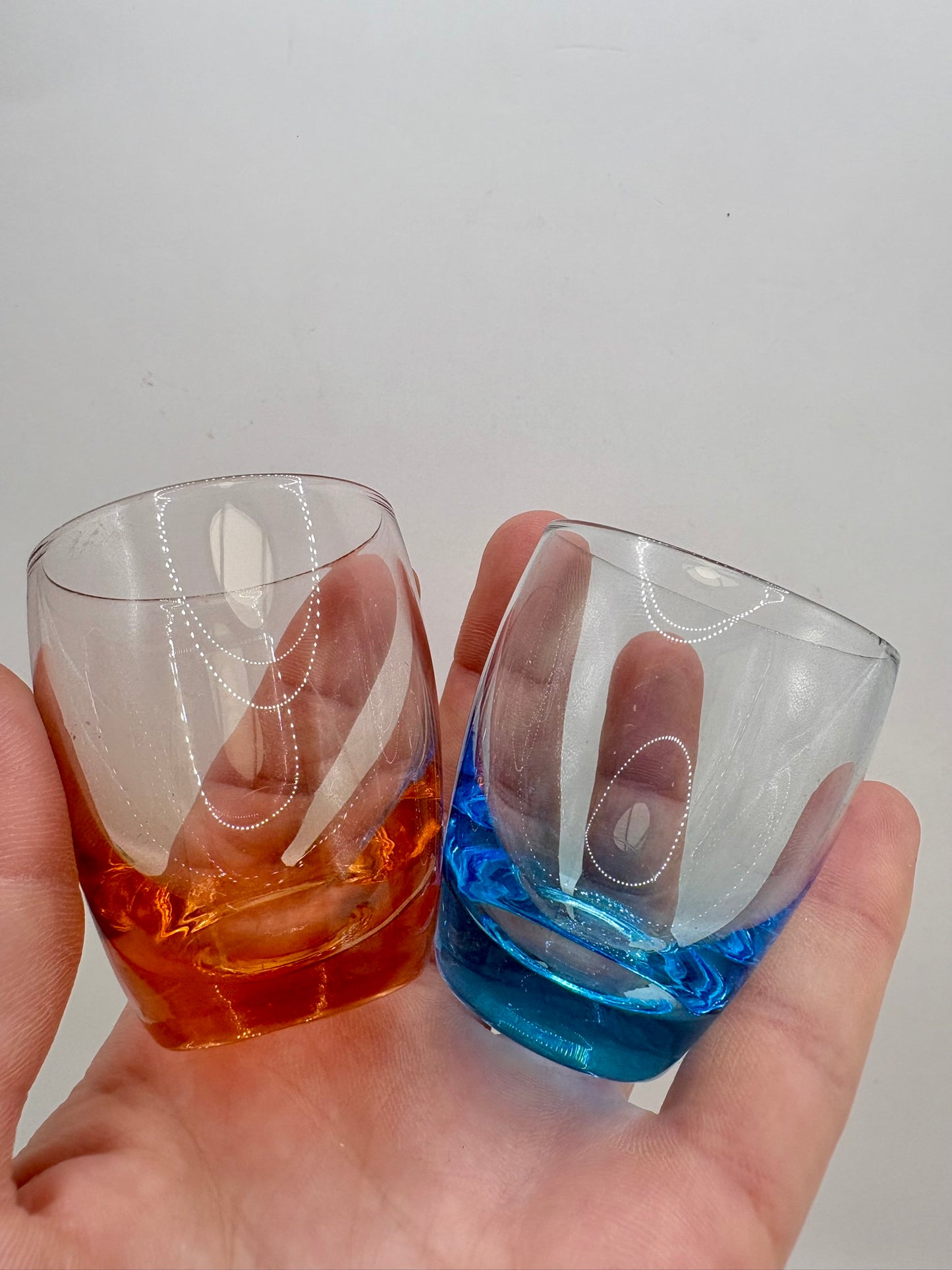 Set of six vintage shot glasses with original 1960s metal cradle