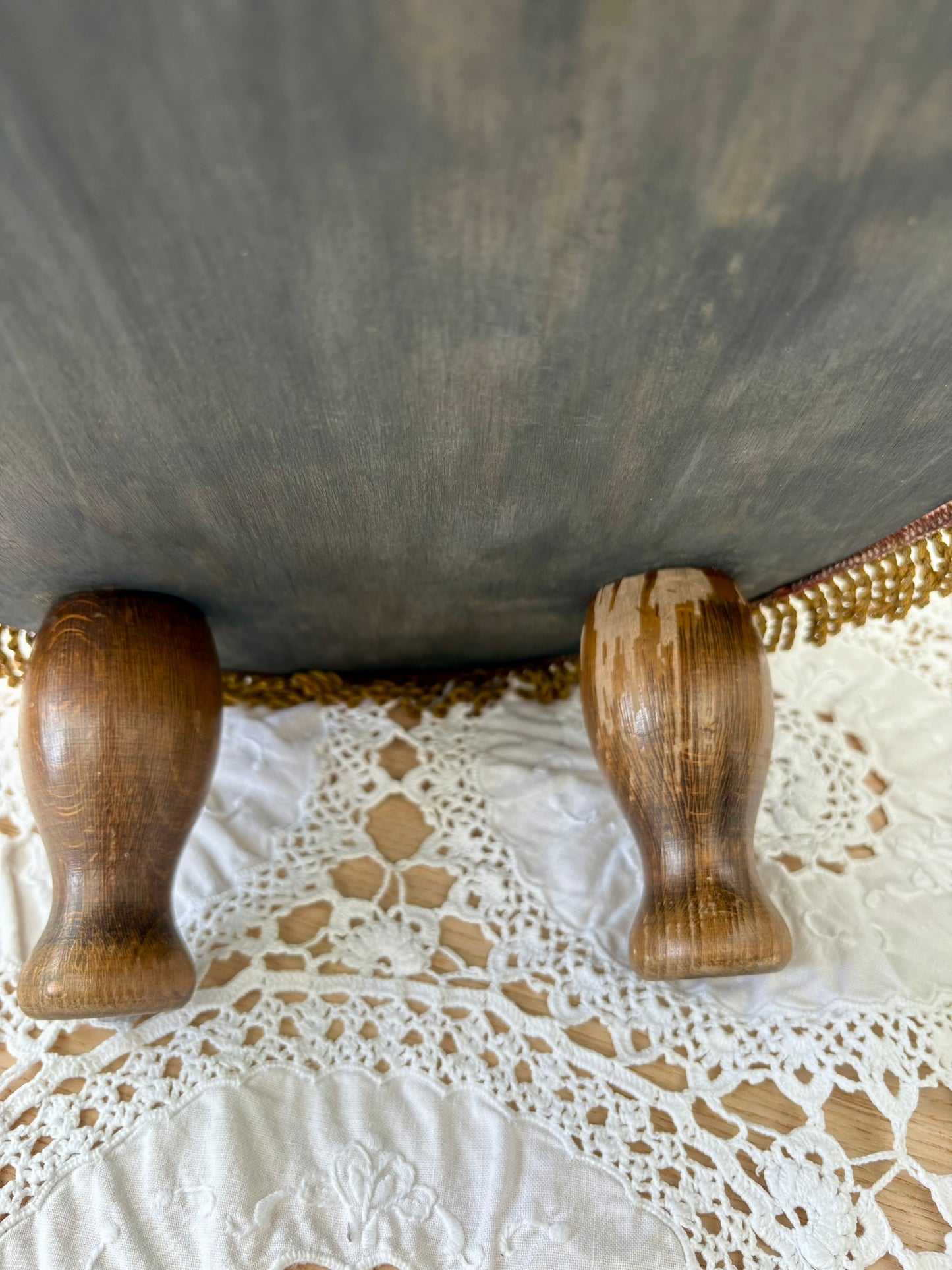 Vintage mid century upholstered wooden foot stool with tapestry sides, tassels and brown velvet top