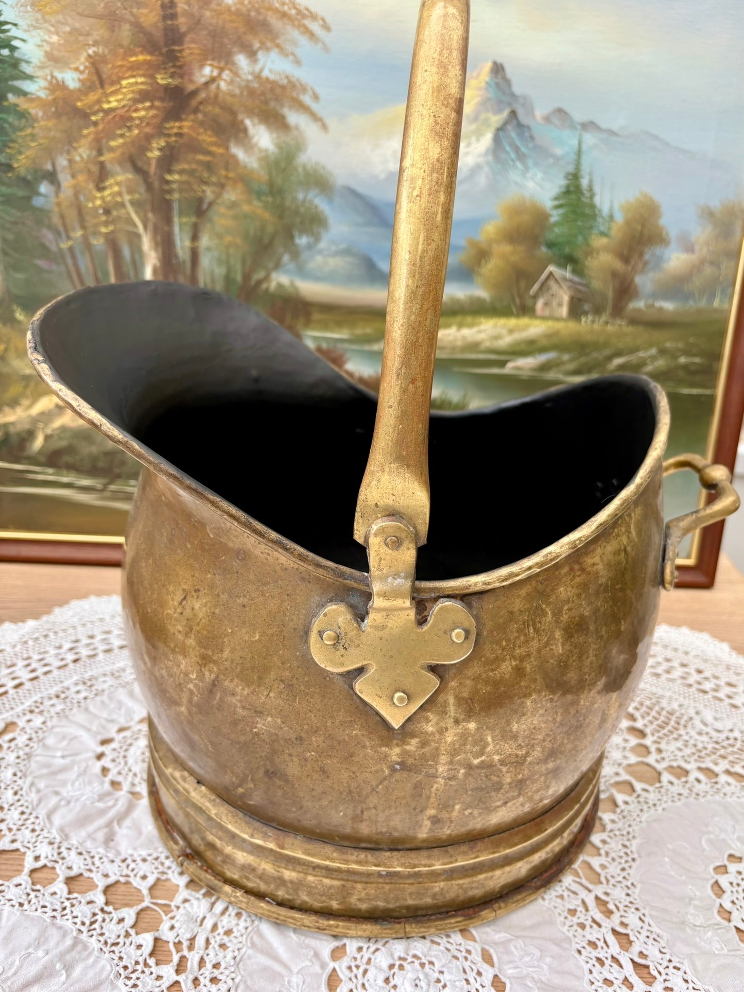 Antique Victorian brass coal bucket with handle and rustic patina from 1890s
