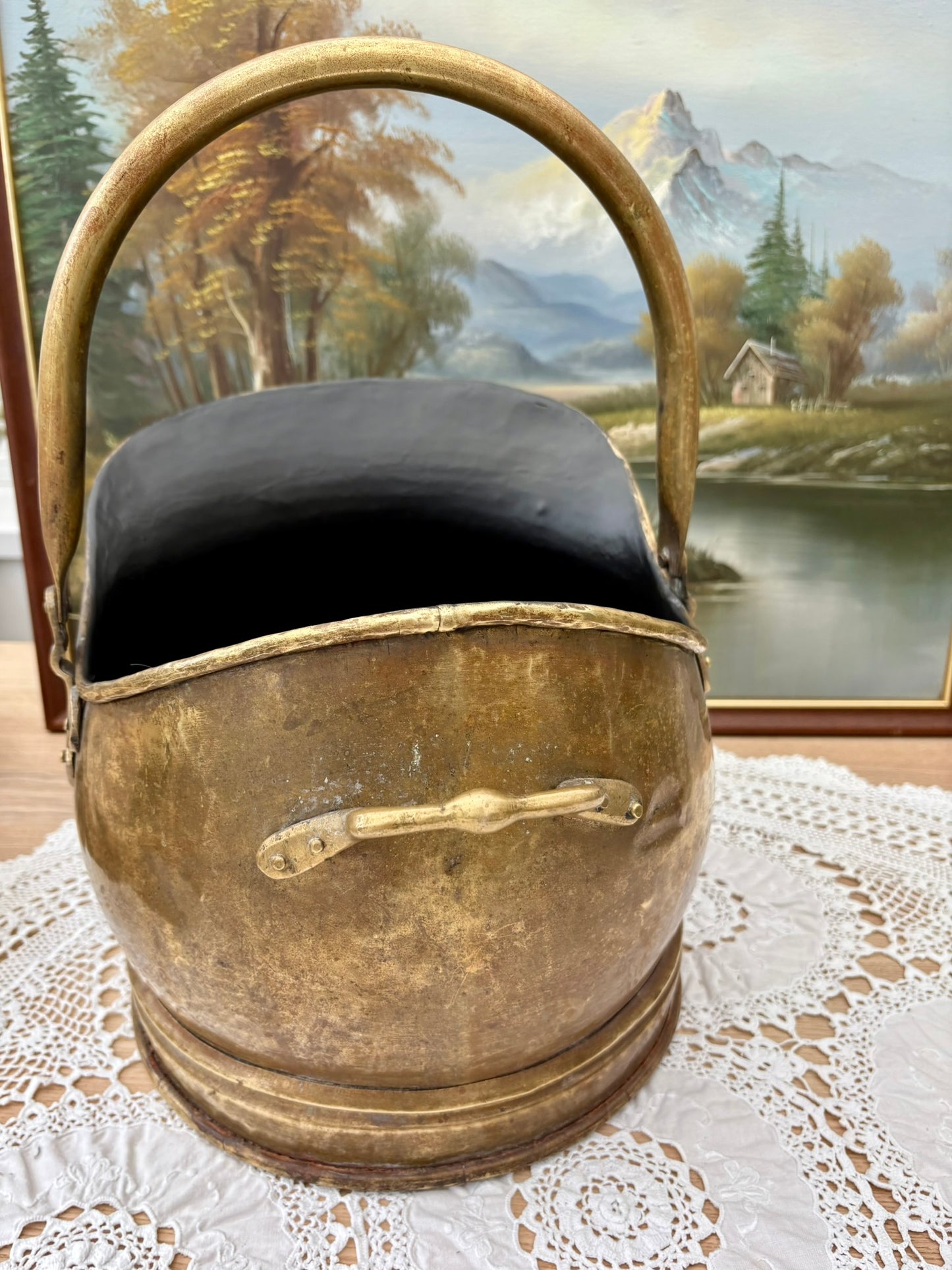Antique Victorian brass coal bucket with handle and rustic patina from 1890s