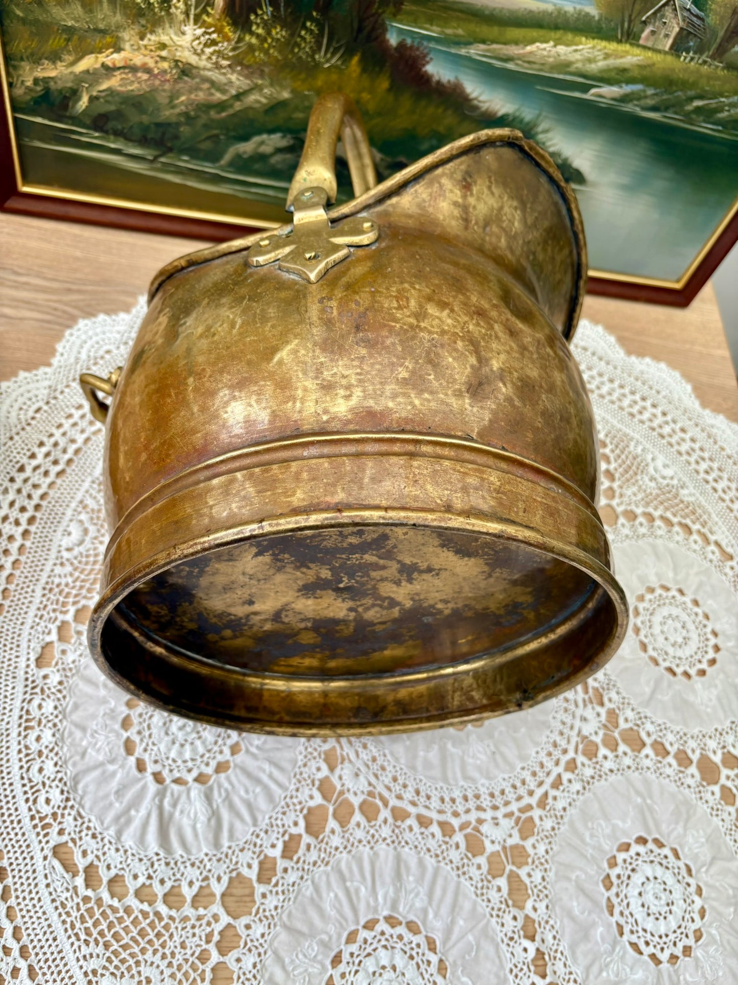 Antique Victorian brass coal bucket with handle and rustic patina from 1890s