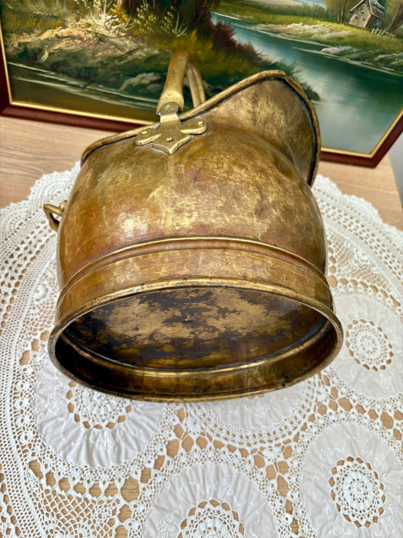 Antique Victorian brass coal bucket with handle and rustic patina from 1890s