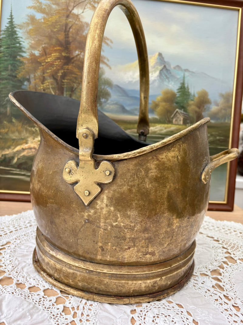 Antique Victorian brass coal bucket with handle and rustic patina from 1890s