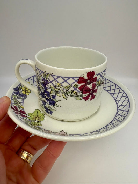 Ceramic cup and saucer with floral design held by a hand against a white background