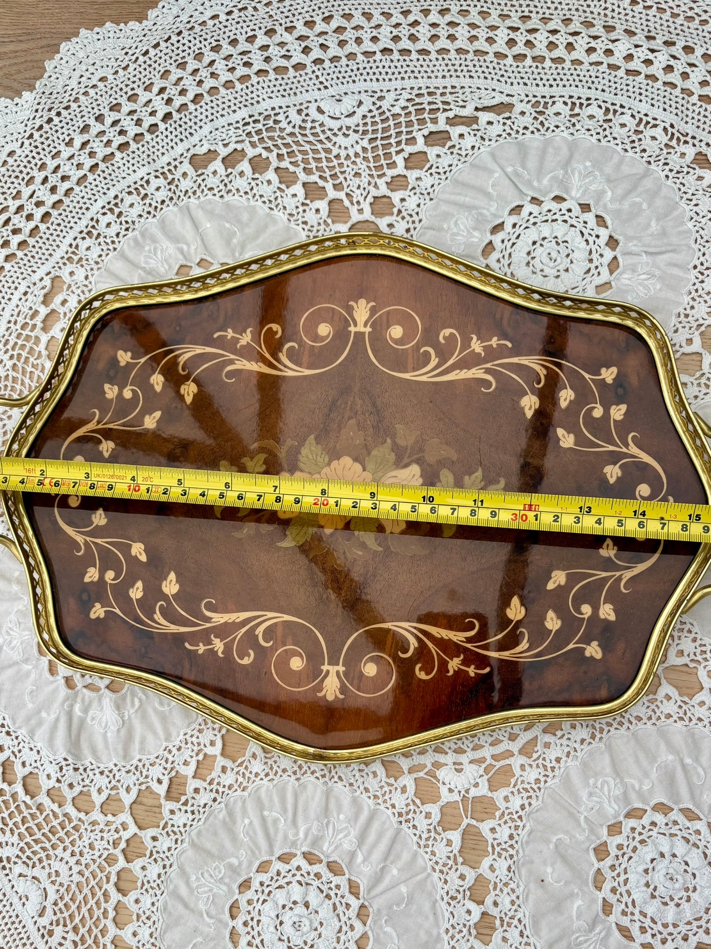 Octagonal Italian marquetry tray with floral inlay and brass handles