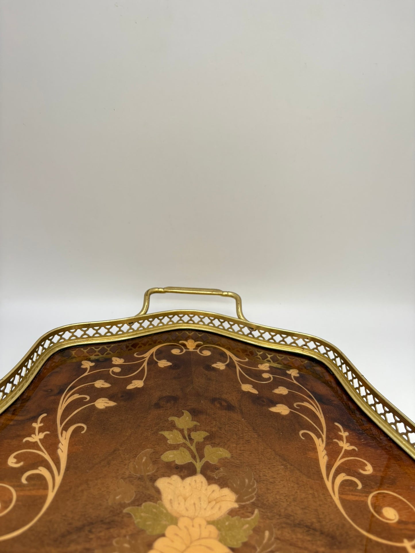 Octagonal Italian marquetry tray with floral inlay and brass handles