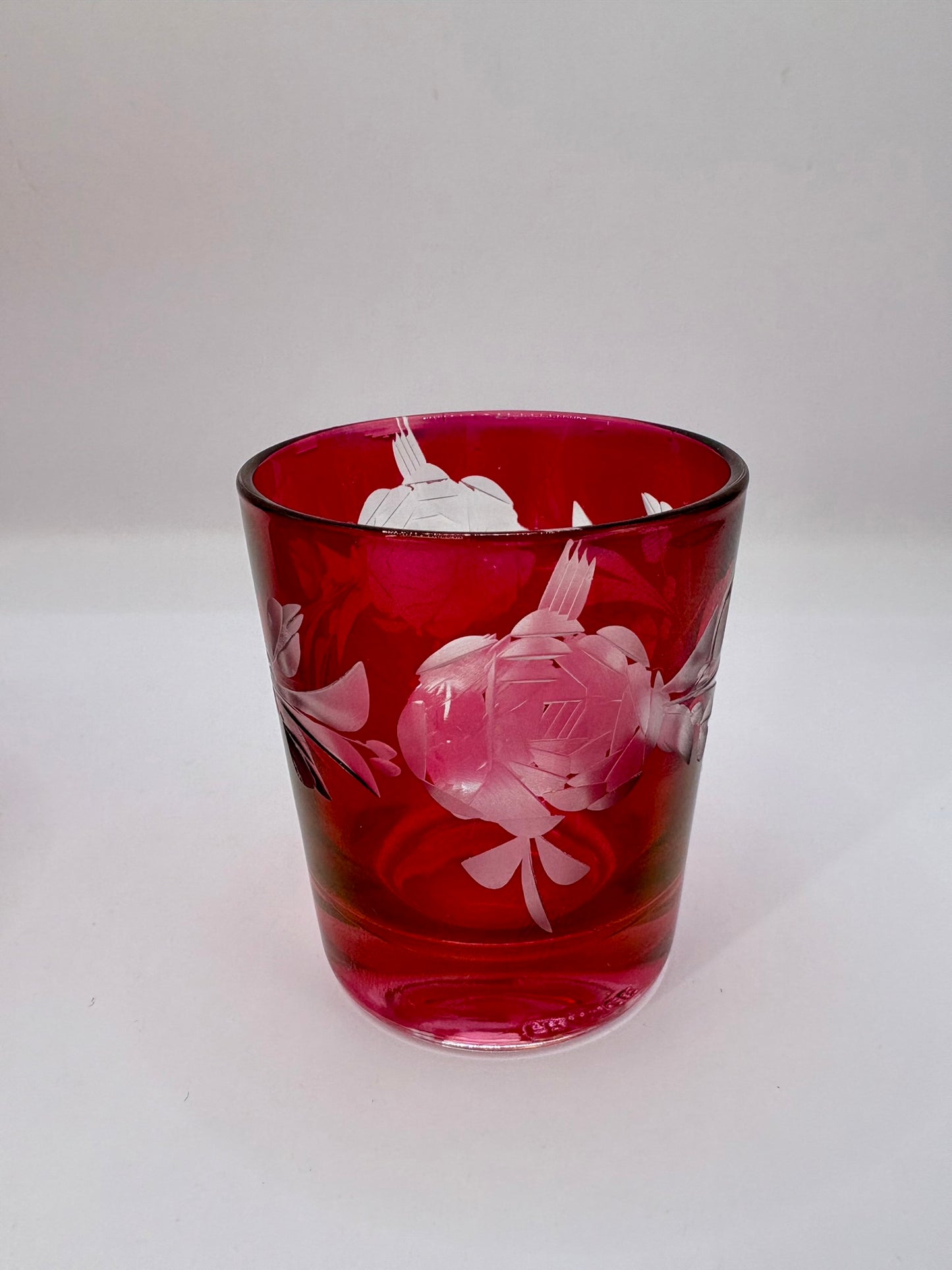 Set of 6 vintage cranberry glasses with etched floral design made in France