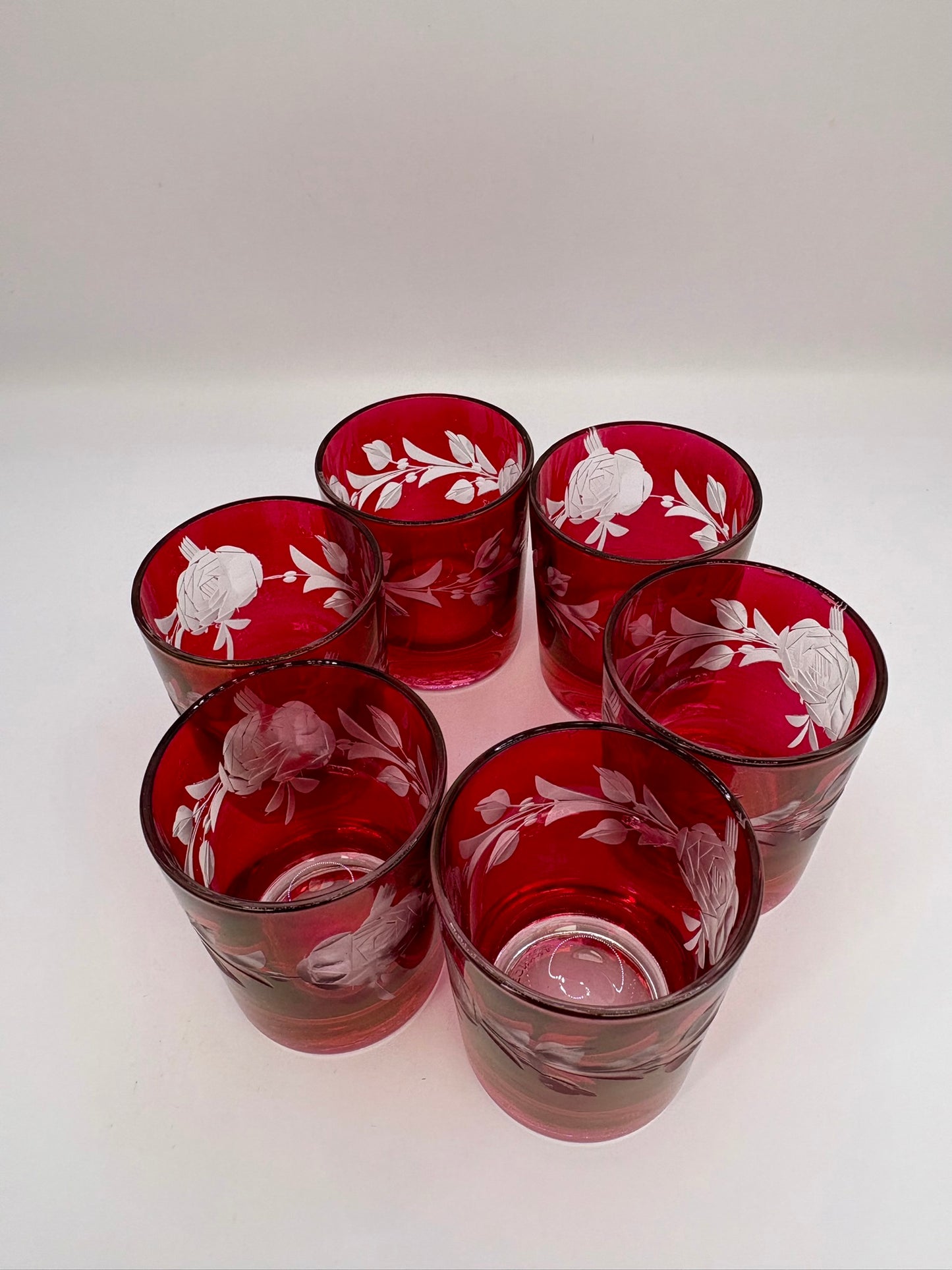 Set of 6 vintage cranberry glasses with etched floral design made in France