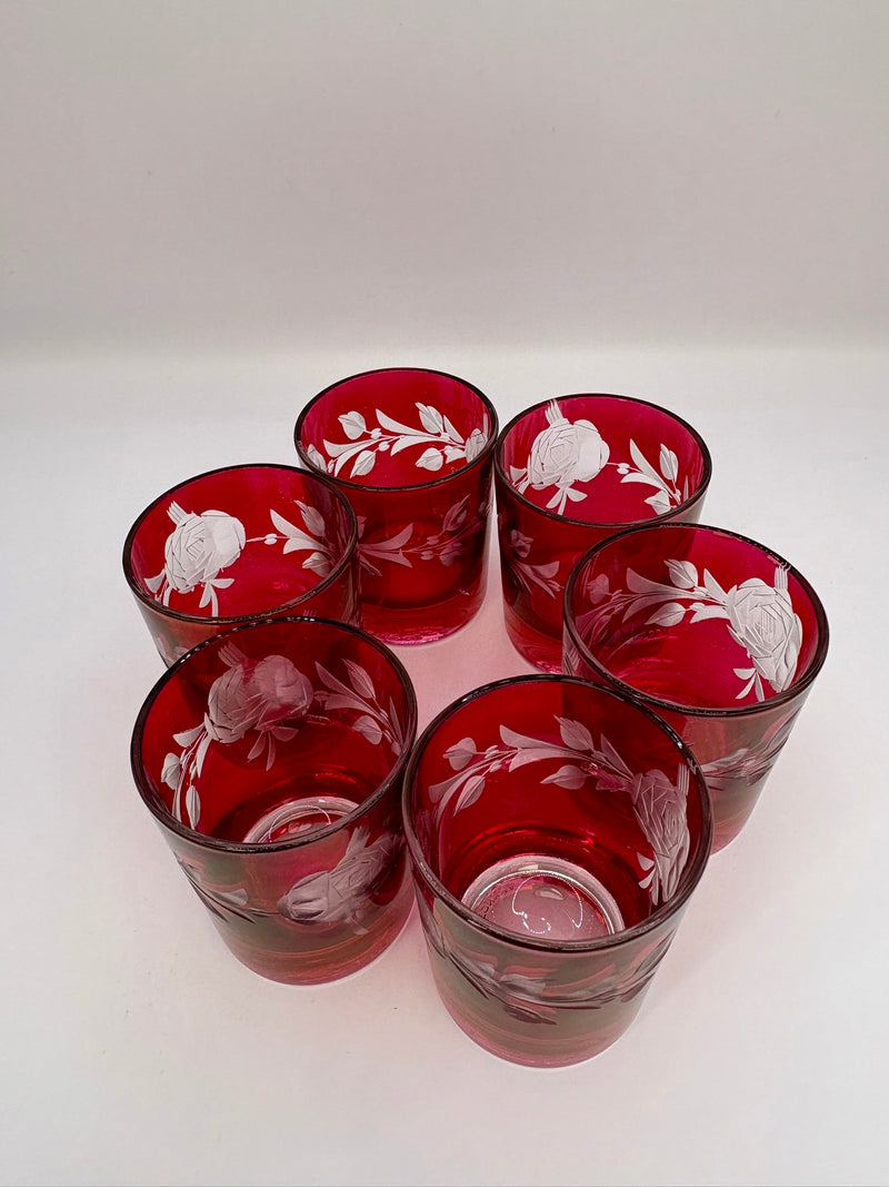 Set of 6 vintage cranberry glasses with etched floral design made in France