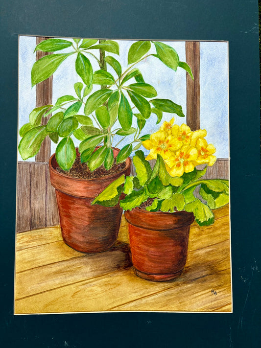 Painting of two potted plants on a wooden deck with a blue sky background.