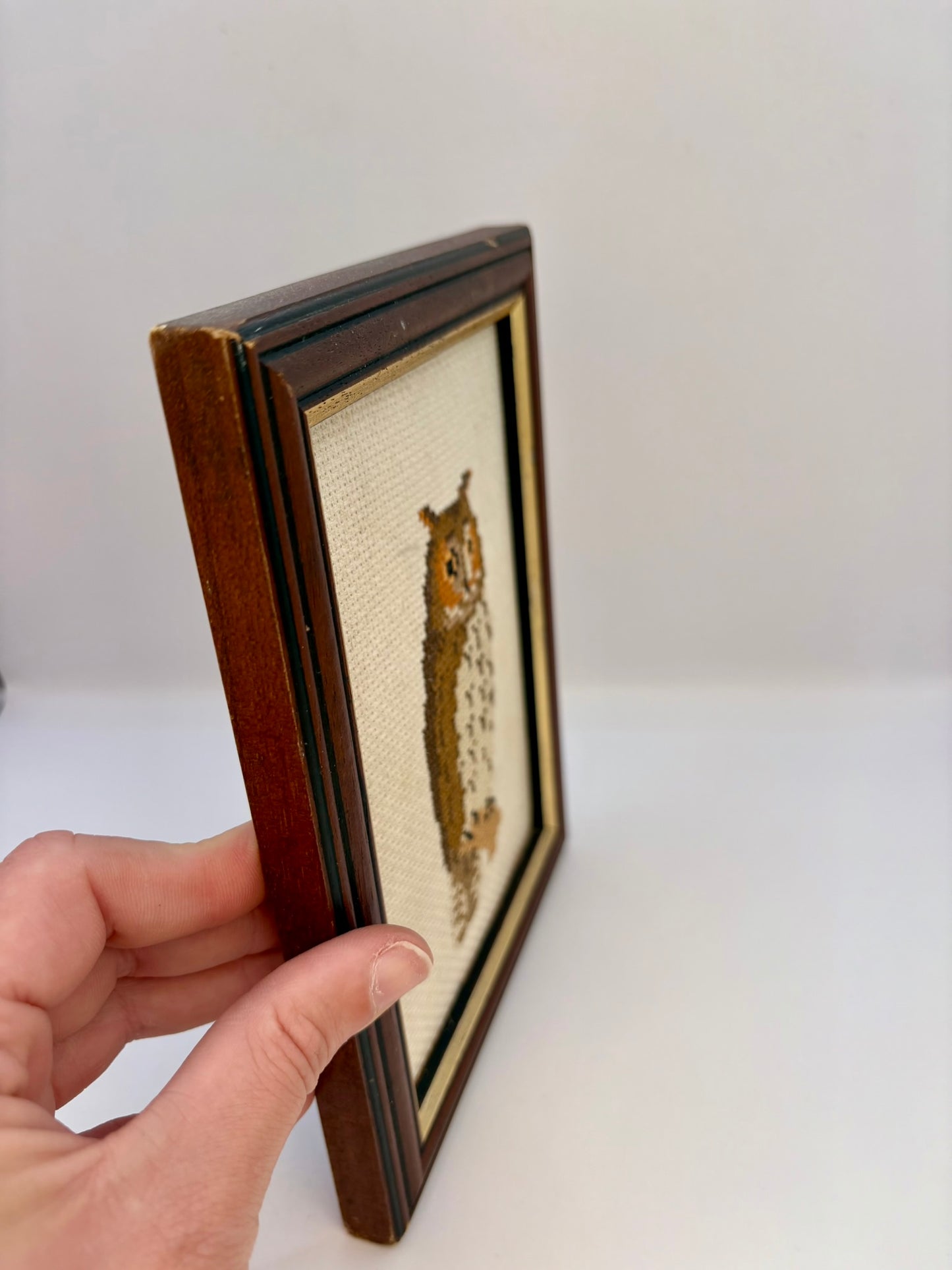 Hand holding a framed picture of an owl on a white surface