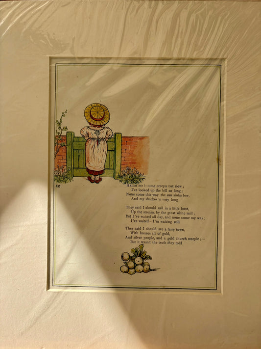 Illustration of a young girl with a sun hat and dress, standing by a fence with a poem underneath on a beige background.