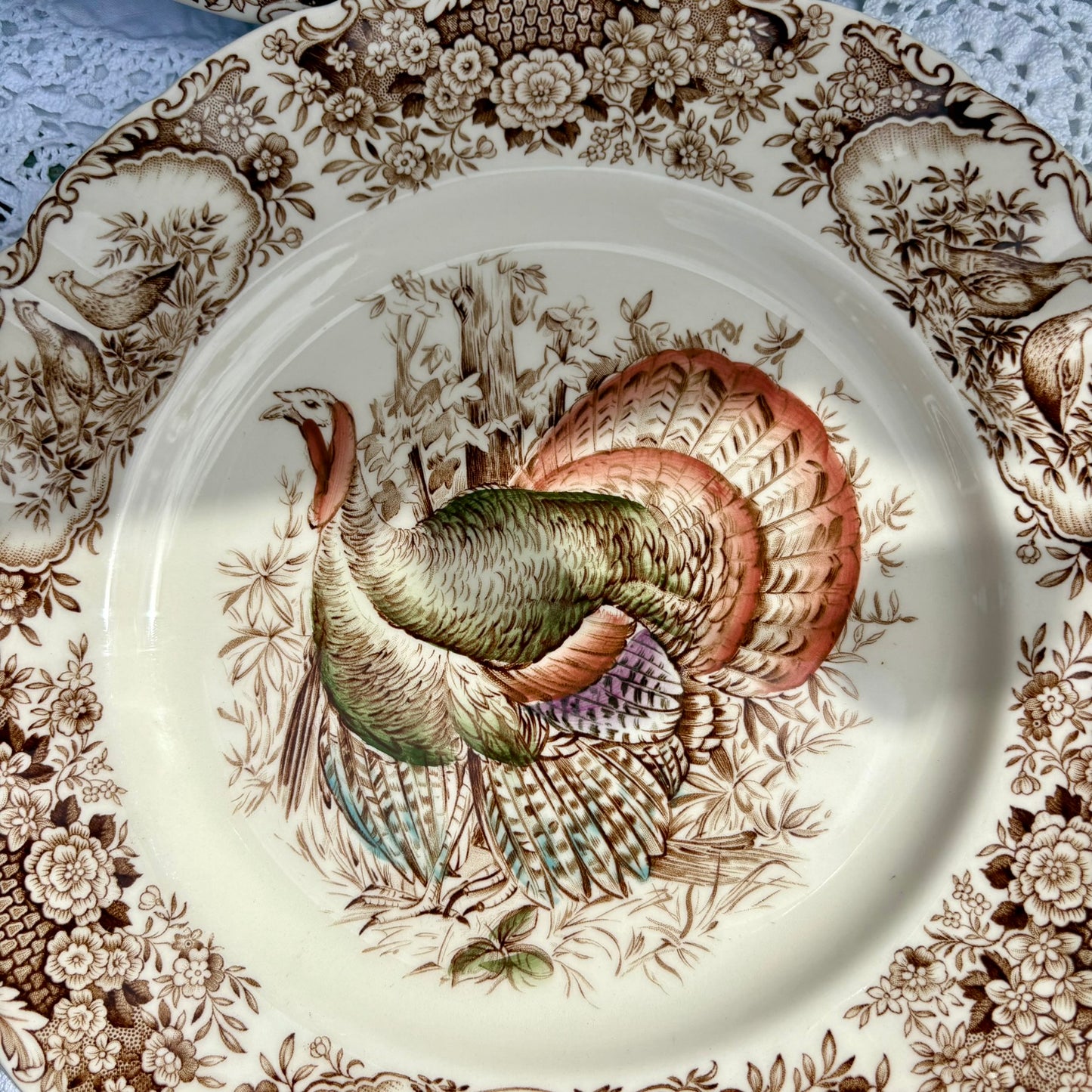 Decorative plate with a turkey illustration and floral border