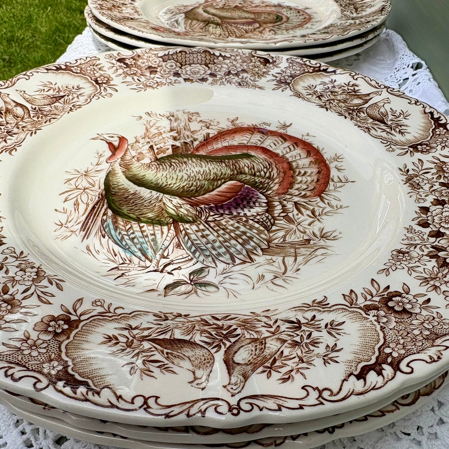 Set of 6 dinner plates | Wild Turkeys by Johnsons Brothers | Brown Transferware